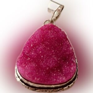 Fucsia Pink Druzy Silverplated Gemstone Pendant & Sterling Silver Box Chain 16"